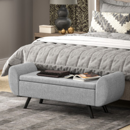 HOMCOM Storage Ottoman with Armrest, Upholstered Linen Storage Bench, Window Seat with Rubberwood Legs, Footstool for Bedroom Living Room, Hallway, Dark Grey - thumbnail 2