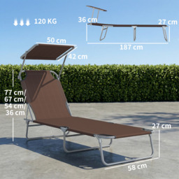 Outsunny Reclining Chair Sun Lounger Folding Lounger Seat with Sun Shade Awning Beach Garden Outdoor Patio Recliner Adjustable (Brown) - Aosom UK - thumbnail 3