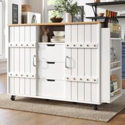 Kitchen Island Trolley with Fold-Out Worktop, Aluminium Handles, 2 Lockable Castors, Rolling Serving Cart, 10L x 42W x 90H cm, White - Aosom UK