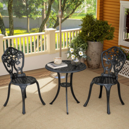 Outsunny 3 Piece Cast Aluminium Garden Bistro Set for 2 with Parasol Hole, Outdoor Coffee Table Set for Balcony, Patio, Black - thumbnail 9