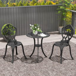 Outsunny 3 Piece Cast Aluminium Garden Bistro Set for 2 with Parasol Hole, Outdoor Coffee Table Set for Balcony, Patio, Black - thumbnail 2