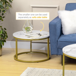 HOMCOM Coffee Table Set of 2, Round Nest of Tables with Faux Marble Tabletop and Metal Frame, Modern Side Tables for Living Room, White - thumbnail 5