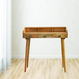 Solid Mango Wood Writing Desk with 3 Drawers and Storage Slots, Gallery-back Shell with Generous Organisation, 45L x 100W x 90H cm, Brown - Aosom UK