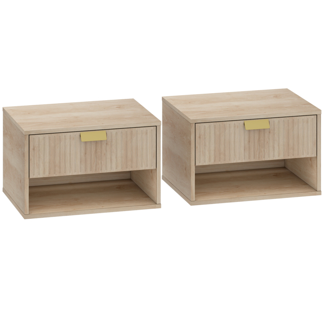 HOMCOM Set of 2 Wall Mounted Nightstands, Floating Bedside Tables with Fluted Drawer and Open Shelf for Small Bedroom, Oak - image 1