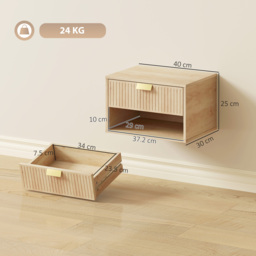 HOMCOM Set of 2 Wall Mounted Nightstands, Floating Bedside Tables with Fluted Drawer and Open Shelf for Small Bedroom, Oak - thumbnail 3