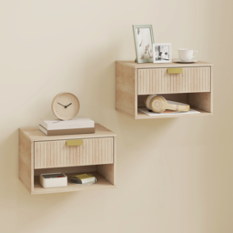 HOMCOM Set of 2 Wall Mounted Nightstands, Floating Bedside Tables with Fluted Drawer and Open Shelf for Small Bedroom, Oak - thumbnail 2