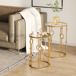 HOMCOM Round Coffee Tables Set of 2, Gold Nest of Tables with Tempered Glass Top, Steel Frame for Living Room, Gold - thumbnail 4