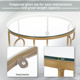 HOMCOM Round Coffee Tables Set of 2, Gold Nest of Tables with Tempered Glass Top, Steel Frame for Living Room, Gold - thumbnail 6