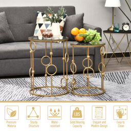 HOMCOM Round Coffee Tables Set of 2, Gold Nest of Tables with Tempered Glass Top, Steel Frame for Living Room, Gold - thumbnail 5