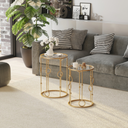 HOMCOM Round Coffee Tables Set of 2, Gold Nest of Tables with Tempered Glass Top, Steel Frame for Living Room, Gold - thumbnail 2