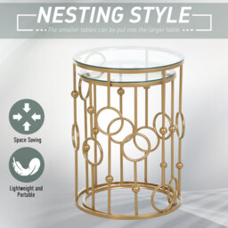 HOMCOM Round Coffee Tables Set of 2, Gold Nest of Tables with Tempered Glass Top, Steel Frame for Living Room, Gold - thumbnail 7