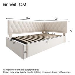 Daybed Upholstered Single Sofa Bed with Hydraulic Ottoman Storage, Bed Frame with Reversible Headboard, 196L x 100W x 77H cm, Beige - Aosom UK - thumbnail 3