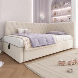 Daybed Upholstered Single Sofa Bed with Hydraulic Ottoman Storage, Bed Frame with Reversible Headboard, 196L x 100W x 77H cm, Beige - Aosom UK - thumbnail 9