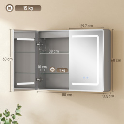 HOMCOM Mirrored Bathroom Cabinet with LED Lights, 60 x 80 cm Bathroom Mirror Cabinet with Anti-Fog, 3 Colour Dimmable Lighting - thumbnail 3