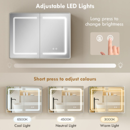 HOMCOM Mirrored Bathroom Cabinet with LED Lights, 60 x 80 cm Bathroom Mirror Cabinet with Anti-Fog, 3 Colour Dimmable Lighting - thumbnail 5