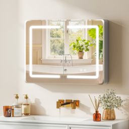 HOMCOM Mirrored Bathroom Cabinet with LED Lights, 60 x 80 cm Bathroom Mirror Cabinet with Anti-Fog, 3 Colour Dimmable Lighting - thumbnail 2