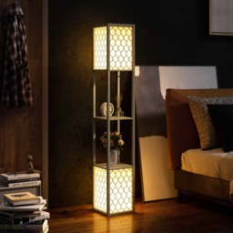 HOMCOM Floor Lamp with Shelves, Dual Light, Modern Tall Standing Lamps, with Pull Chain Switch (Bulb not Included), Light Grey - Aosom UK - thumbnail 2