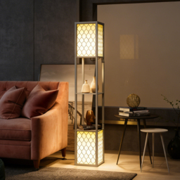 HOMCOM Floor Lamp with Shelves, Dual Light, Modern Tall Standing Lamps, with Pull Chain Switch (Bulb not Included), Light Grey - Aosom UK - thumbnail 8