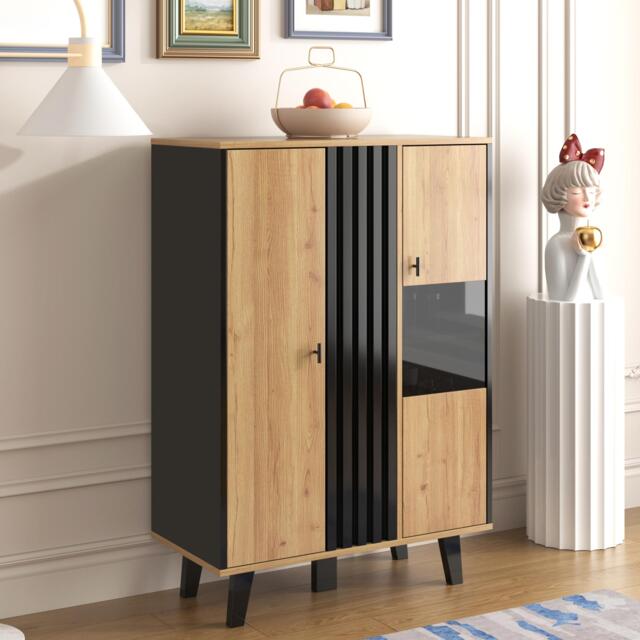 Modern Display Cabinet with Decorative Glass Doors, Versatile Sideboard with 3 Adjustable Shelves, 80L x 120W x 40H cm, Black+Wood - Aosom UK - image 1