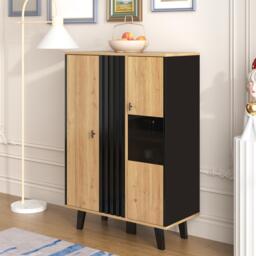 Modern Display Cabinet with Decorative Glass Doors, Versatile Sideboard with 3 Adjustable Shelves, 80L x 120W x 40H cm, Black+Wood - Aosom UK - thumbnail 5