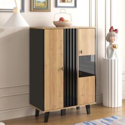 Modern Display Cabinet with Decorative Glass Doors, Versatile Sideboard with 3 Adjustable Shelves, 80L x 120W x 40H cm, Black+Wood - Aosom UK