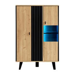 Modern Display Cabinet with Decorative Glass Doors, Versatile Sideboard with 3 Adjustable Shelves, 80L x 120W x 40H cm, Black+Wood - Aosom UK - thumbnail 2