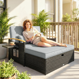 Outsunny Double Garden Rattan Daybed, Wicker Sun Bed Chaise Lounger with Storage Ottoman, 4-Level Adjustable Backrest, Dark Grey - thumbnail 2