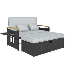 Outsunny Double Garden Rattan Daybed, Wicker Sun Bed Chaise Lounger with Storage Ottoman, 4-Level Adjustable Backrest, Dark Grey - thumbnail 1
