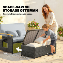 Outsunny Double Garden Rattan Daybed, Wicker Sun Bed Chaise Lounger with Storage Ottoman, 4-Level Adjustable Backrest, Dark Grey - thumbnail 8