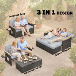 Outsunny Double Garden Rattan Daybed, Wicker Sun Bed Chaise Lounger with Storage Ottoman, 4-Level Adjustable Backrest, Dark Grey - thumbnail 4