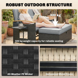Outsunny Double Garden Rattan Daybed, Wicker Sun Bed Chaise Lounger with Storage Ottoman, 4-Level Adjustable Backrest, Dark Grey - thumbnail 7