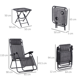 Outsunny Zero Gravity Lounge Set, 2 Reclining Chairs & Table w/ Cup Holders, Light Grey - Aosom UK - thumbnail 3