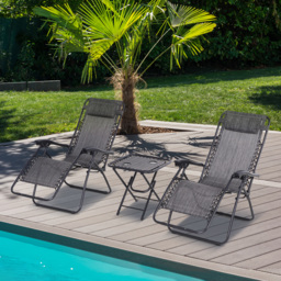 Outsunny Zero Gravity Lounge Set, 2 Reclining Chairs & Table w/ Cup Holders, Light Grey - Aosom UK - thumbnail 2