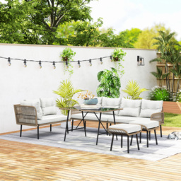 Outsunny 6 Piece Rattan Garden Furniture Set, 8 Seater Garden Corner Sofa with Cushions and Glass Top Table, Sectional Outdoor Furniture Conservatory Set for Patio, Cream White - thumbnail 9