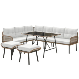 Outsunny 6 Piece Rattan Garden Furniture Set, 8 Seater Garden Corner Sofa with Cushions and Glass Top Table, Sectional Outdoor Furniture Conservatory Set for Patio, Cream White - thumbnail 1