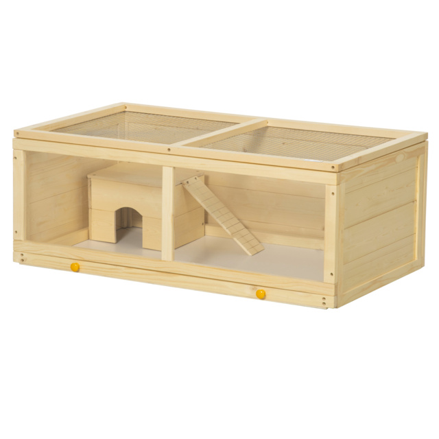 PawHut Syrian Hamster Cage with Sliding Tray, Openable Top, Wooden Hamster Enclosure, Natural Wood - Aosom UK - image 1