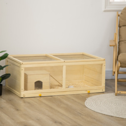 PawHut Syrian Hamster Cage with Sliding Tray, Openable Top, Wooden Hamster Enclosure, Natural Wood - Aosom UK - thumbnail 2
