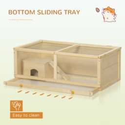PawHut Syrian Hamster Cage with Sliding Tray, Openable Top, Wooden Hamster Enclosure, Natural Wood - Aosom UK - thumbnail 6