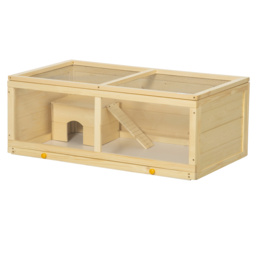 PawHut Syrian Hamster Cage with Sliding Tray, Openable Top, Wooden Hamster Enclosure, Natural Wood - Aosom UK