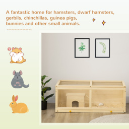 PawHut Syrian Hamster Cage with Sliding Tray, Openable Top, Wooden Hamster Enclosure, Natural Wood - Aosom UK - thumbnail 4