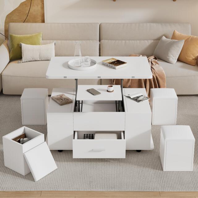 Modern Lift-Top Coffee Table with Hydraulic Lift and Hidden Storage, Versatile Unit with 4 Stools and Drawer, 100L x 50W x 45H cm, White - Aosom UK - image 1
