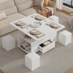 Modern Lift-Top Coffee Table with Hydraulic Lift and Hidden Storage, Versatile Unit with 4 Stools and Drawer, 100L x 50W x 45H cm, White - Aosom UK - thumbnail 7