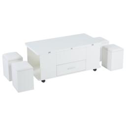 Modern Lift-Top Coffee Table with Hydraulic Lift and Hidden Storage, Versatile Unit with 4 Stools and Drawer, 100L x 50W x 45H cm, White - Aosom UK - thumbnail 2