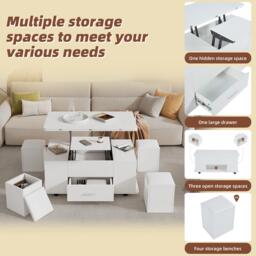 Modern Lift-Top Coffee Table with Hydraulic Lift and Hidden Storage, Versatile Unit with 4 Stools and Drawer, 100L x 50W x 45H cm, White - Aosom UK - thumbnail 4