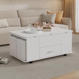 Modern Lift-Top Coffee Table with Hydraulic Lift and Hidden Storage, Versatile Unit with 4 Stools and Drawer, 100L x 50W x 45H cm, White - Aosom UK - thumbnail 9