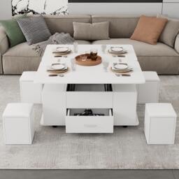 Modern Lift-Top Coffee Table with Hydraulic Lift and Hidden Storage, Versatile Unit with 4 Stools and Drawer, 100L x 50W x 45H cm, White - Aosom UK - thumbnail 8