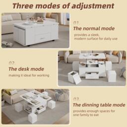 Modern Lift-Top Coffee Table with Hydraulic Lift and Hidden Storage, Versatile Unit with 4 Stools and Drawer, 100L x 50W x 45H cm, White - Aosom UK - thumbnail 6