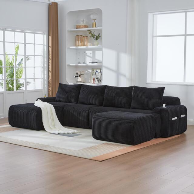 4-Seater Modular Cord Sofa with 2 Ottomans and Integrated Cup‑Holders, Sectional Sofa for Living Rooms, 333L x 174W x 80H cm, Black - Aosom UK - image 1
