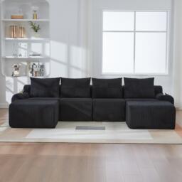 4-Seater Modular Cord Sofa with 2 Ottomans and Integrated Cup‑Holders, Sectional Sofa for Living Rooms, 333L x 174W x 80H cm, Black - Aosom UK - thumbnail 8