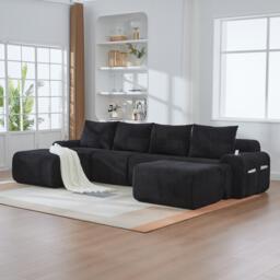 4-Seater Modular Cord Sofa with 2 Ottomans and Integrated Cup‑Holders, Sectional Sofa for Living Rooms, 333L x 174W x 80H cm, Black - Aosom UK